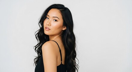 Naklejka premium Elegant young woman with beautiful long dark hair looking over her shoulder in a studio setting with a clean minimalist aesthetic