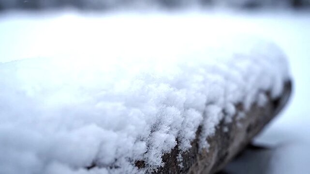 Upon a frozen log, a dusting of fresh powder snow rests undisturbed.