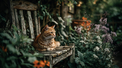 Orange cat resting on a weathered bench in a lush garden.