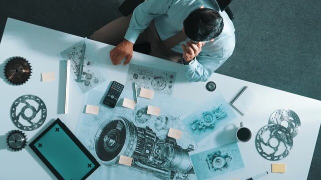 Top view of engineer looking at phone while working on tablet with green screen at meeting table with turbine engine or jet engine sketch design and various metal gear scatter around. Alimentation.