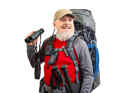 Outdoor adventurer prepares for hiking with backpack and gear in a bright, cheerful setting