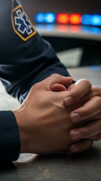 A close-up shot of an emergency medical services professional's uniform sleeve with the Star of Life emblem, next to a person's clasped hands on a table, with blurred red and blue emergency vehicle