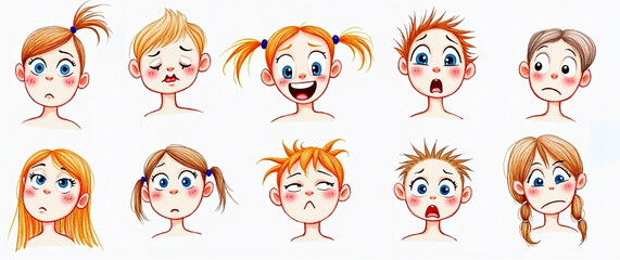 Collection of hand-drawn children's heads showing various facial expressions and emotions, on a neutral background  