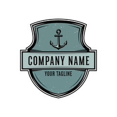 Nautical Anchor Shield Logo with Placeholder Text - Classic Marine Emblem in Blue-Gray, Distressed Style for Branding, Shipping, or Sailing Clubs on White Background, Flat Vector Elements, Vector