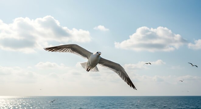 Seagull soaring against a blue sky with puffy white clouds over the ocean