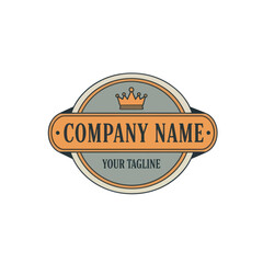 Retro Company Logo Design with Crown Icon and Customizable Text Banner in and Grey on White Background, Flat Vector Elements, Vector Illustration, Simple Vector, Stylized Vector Drawing, Vector