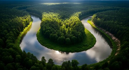 Aerial View of Serpentine River Flowing Through Lush Green Forest Landscape