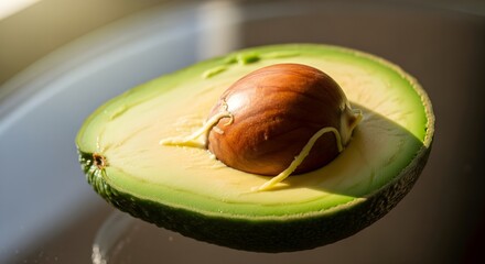 Close-up shot of a ripe avocado cut in half, revealing its smooth flesh and large central pit, perfect for culinary use and healthy eating