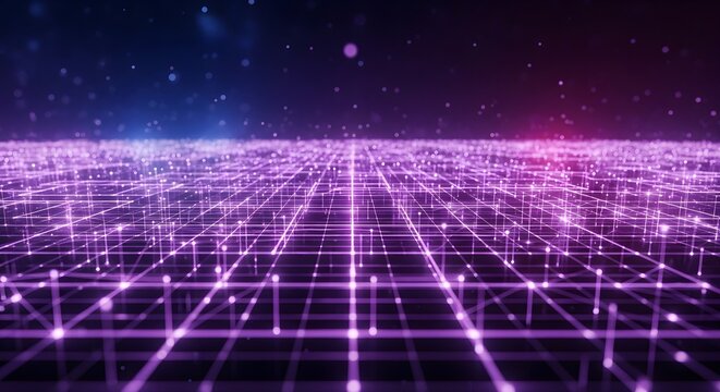 Infinite perspective of a glowing neon grid in a futuristic digital universe, symbolizing big data and global network connections