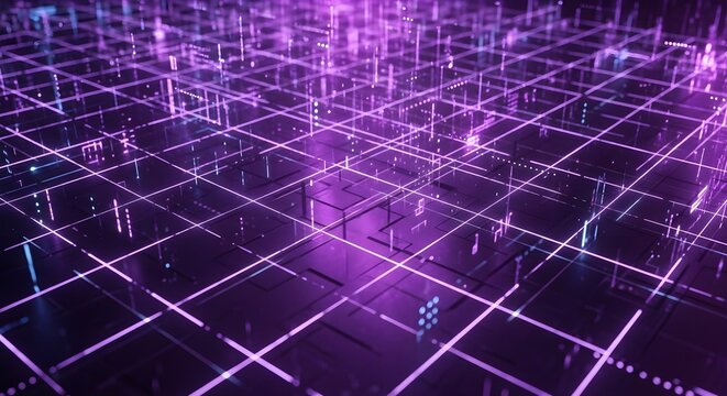 Luminous purple grid on a reflective surface visualizing a futuristic digital network and data processing concept