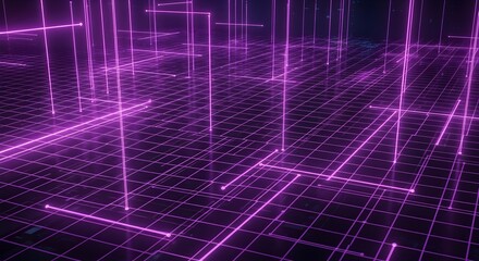 Vibrant glowing purple lines form an intricate abstract grid, representing interconnected data streams, advanced technology, and a dynamic digital network landscape in the era of big data