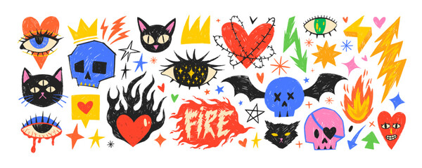 Fototapeta na wymiar Punk cartoon doodle sticker collection with pencil rough texture. Hand drawn colorful vector tattoo illustrations. Funky black cats, rock'n'roll skulls, mystical eyes and various cute elements.