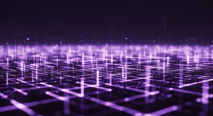 Abstract futuristic technology background with a glowing purple digital grid representing network connections and data flow in cyberspace