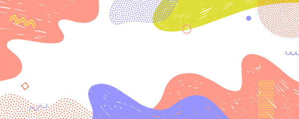 Memphis fluid background frame with colorful crayon drawn fluid shapes and doodles. Wavy abstract forms, dotted funky shapes. Childish Memphis playground design with text place.