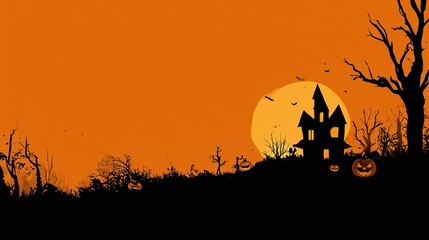 Dark Halloween backgrounds with haunted houses full moon and spooky trees silhouettes
