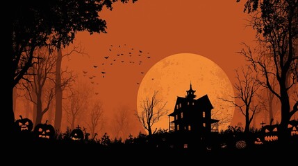 Dark Halloween backgrounds with haunted houses full moon and spooky trees silhouettes