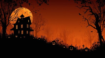 Dark Halloween backgrounds with haunted houses full moon and spooky trees silhouettes