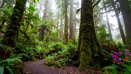 Lush, misty forest trail