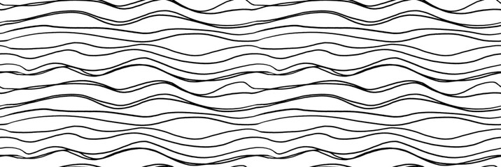 Abstract liquid dynamic wavy lines seamless pattern. Hand drawn tiny doodle lines pattern for seamless asian background. Minimal vector black white background with curved stripes.