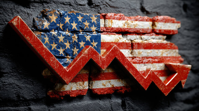 Weathered American flag painted on a brick wall with a bold red zigzag line forming an upward graph, symbolizing resilience, market volatility, and renewed momentum.