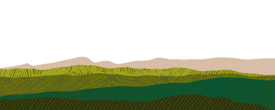 Agriculture field background with collage texture papers. Hand drawn organic pencil texture banner design. Rise, wheat or tee landscape abstract background. Countryside banner with scribble texture.