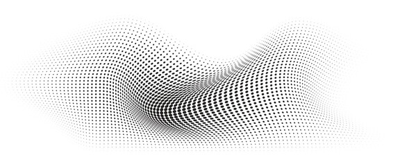 Fototapeta premium Flowing Wave Dot Halftone Pattern: Curve Gradient Shape on Transparent Background. Suitable for AI, Tech, Network, Digital, Science, and Technology Themes.