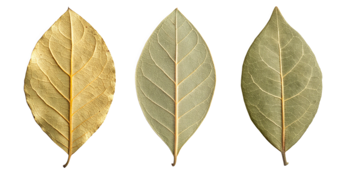 Three Bay Leaves at Different Drying Stages on Transparent Background
Botanical Comparison of Bay Leaves: Fresh, Partial, and Fully Dried
