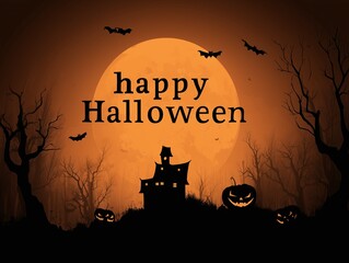 Halloween background illustrations with haunted houses bats pumpkins and full moon, with 'happy halloween' text