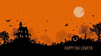 Halloween background illustrations with haunted houses bats pumpkins and full moon, with 'happy halloween' text