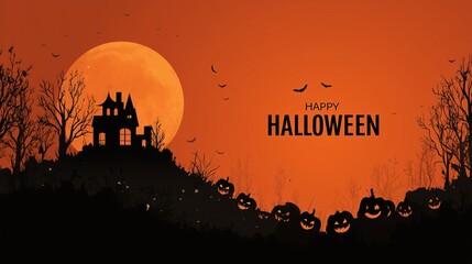 Halloween background illustrations with haunted houses bats pumpkins and full moon, with 'happy halloween' text
