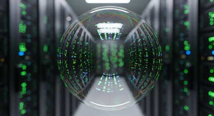 Servers reflected in a sphere in a data center with green lights on