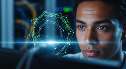 Man looking at holographic projection in front of server equipment