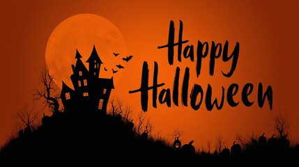 Halloween background illustrations with haunted houses bats pumpkins and full moon, with 'happy halloween' text