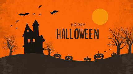Halloween background illustrations with haunted houses bats pumpkins and full moon, with 'happy halloween' text