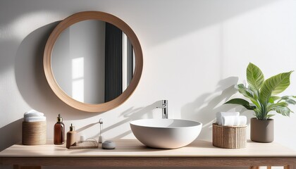 interior of a modern bathroom a modern room interior featuring a round mirror and a table with accessories near a white wall