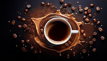 splash of coffee with scattered coffee beans forming a circular shape on a black background