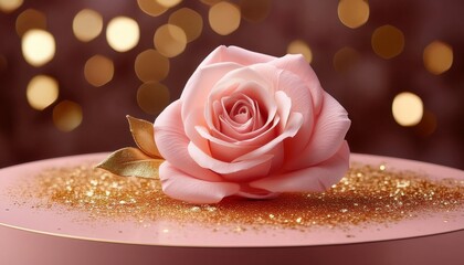 close up of a delicate pink rose with golden leaves displayed on a circular podium surrounded by golden glitter and blurred background