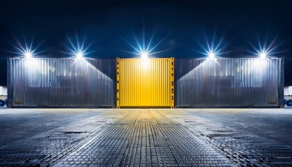 illuminated warehouse with a yellow container and symmetrical lighting at night