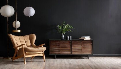 room with chair modern luxury living room interior background living room interior mockup with black walls dark interior of living room featuring a sleek chair and a stylish wooden console