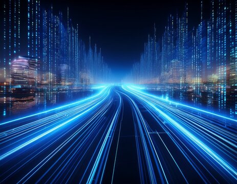 digital highway a mesmerizing abstract representation of the digital world where a stream of binary code glows in vibrant blue against a backdrop of blurred city lights