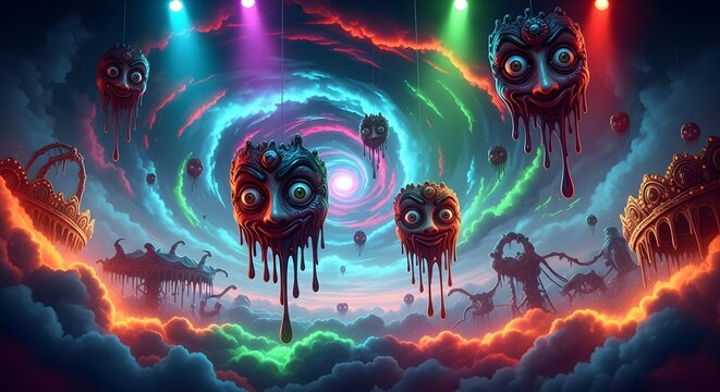 Surreal Cosmic Carnival Grotesque Masks Hovering in a Vortex of Clouds and Neon Lights