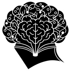 Learning Concept: A Brain Silhouette as an Open Book with Gears, Idea Bulbs, and Growth Icons.
