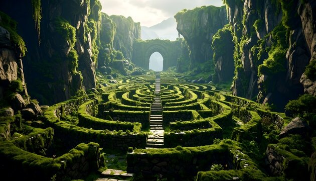 Lush, mossy maze path through a fantastical valley