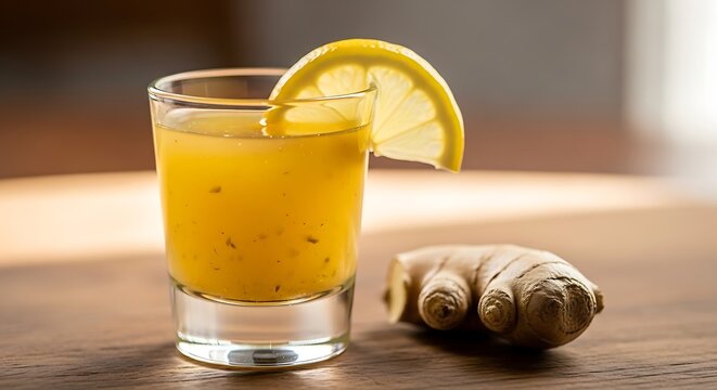 Invigorating Elixir: A close-up shot of a refreshing ginger and lemon shot with a vibrant golden hue, a testament to healthy living and vitality.