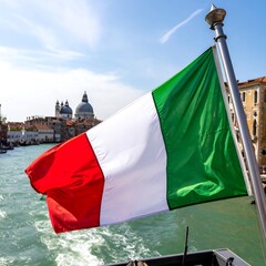Italian flag waving over Venetian canal