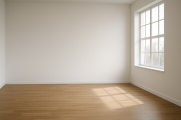 Bright empty studio with white wall wooden floor large window minimalist interior mockup