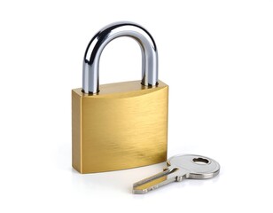 Naklejka premium Gold padlock and key on white background