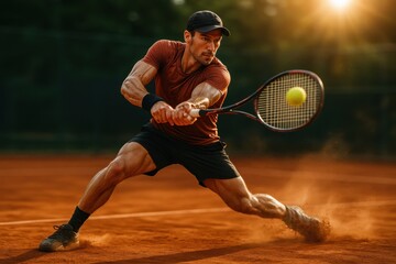 Focused tennis athlete mid swing on sunlit court crisp motion and intense energy