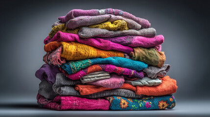 A large stack of folded colorful knitted fabric clothes.