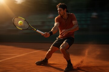 Focused tennis athlete mid swing on sunlit court crisp motion and intense energy